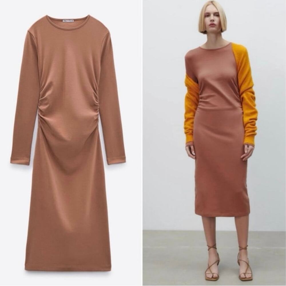 Zara Gathered Side Ruched Midi Dress Women’s Medium Mauve Long Sleeve Bodycon
